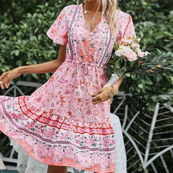 Button up boho gypsy floral print mini dress pink - Picture 5 of 12